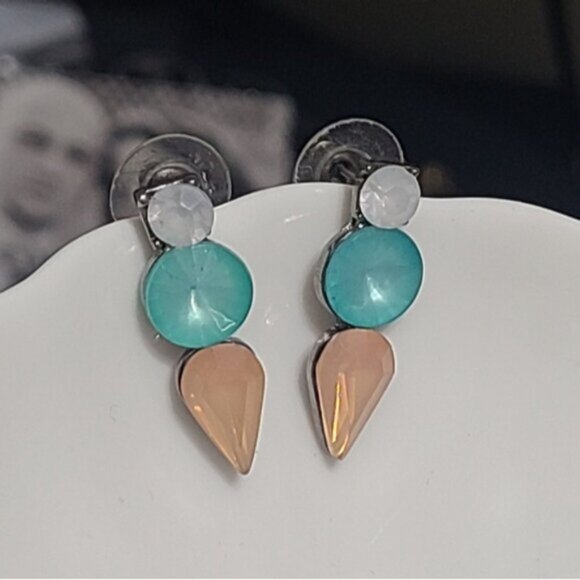Vintage J Crew Turquoise Orange Crystal Drop Bar Colourblock Geometic Earrings - Picture 8 of 16